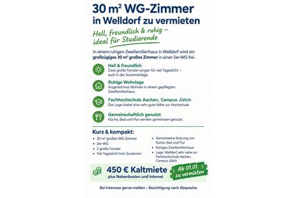 30 qm WG-Zimmer ab 01.01.27 - 450,00&nbsp;EUR Kaltmiete, ca.&nbsp; 65,00&nbsp;m&sup2; in Jülich (PLZ: 52428)