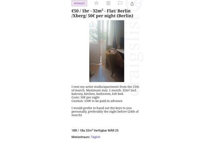 1-Zimmer Wohnung Berlin Xberg 50€Tag