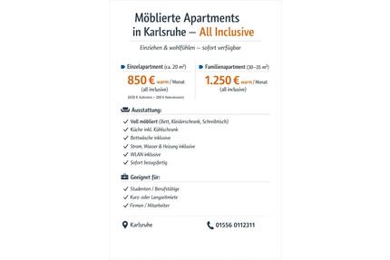 Mobiliät All inklusiv Apartment in Karlsruhe zur Vermieten - Eggenstein-Leopoldshafen