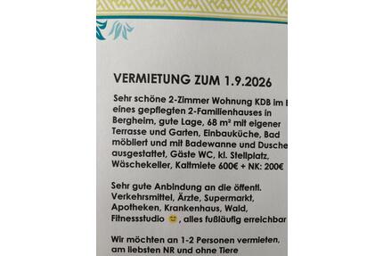 2 Zimmer KDB Wohnung 68m2 mit Terrasse u Garten Bergheim Erft