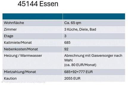 Wohnung in Essen zu vermieten - 777,00&nbsp;EUR Kaltmiete, ca.&nbsp; 65,00&nbsp;m&sup2; in Essen (PLZ: 45144) Stadtbezirk III