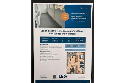 3 Zimmer Wohnung Wolfsburg - 697,00&nbsp;EUR Kaltmiete, ca.&nbsp; 61,00&nbsp;m&sup2; in Wolfsburg (PLZ: 38448) Alt-Wolfsburg