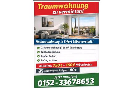 Tolle 2 Zi. Wohnung in Erfurt - 750,00&nbsp;EUR Kaltmiete, ca.&nbsp; 58,00&nbsp;m&sup2; in Erfurt (PLZ: 99096) Daberstedt