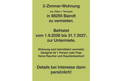 2 Zimmer Wohnung zur Untermiete - Baienfurt