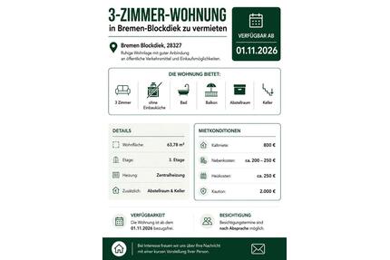 gepflegte 3-Zimmer Wohnung in ruhiger Lage Blockdiek - Bremen Osterholz