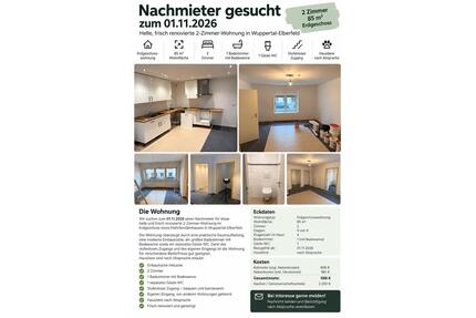 2 Zimmer Wohnung zur Miete - 988,00&nbsp;EUR Kaltmiete, ca.&nbsp; 85,00&nbsp;m&sup2; in Wuppertal (PLZ: 42119) Gemarkung Elberfeld