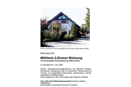 Möblierte 2-Zimmer Wohnung - 530,00&nbsp;EUR Kaltmiete, ca.&nbsp; 38,00&nbsp;m&sup2; in Eriskirch (PLZ: 88097)
