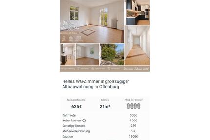 2 WG Zimmer - 625,00&nbsp;EUR Kaltmiete, ca.&nbsp; 125,00&nbsp;m&sup2; in Offenburg (PLZ: 77652)