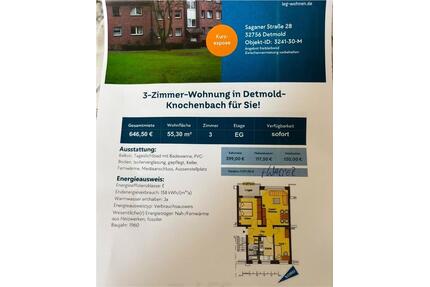 3 Zimmer Wohnung - 654,00&nbsp;EUR Kaltmiete, ca.&nbsp; 55,00&nbsp;m&sup2; in Detmold (PLZ: 32756)